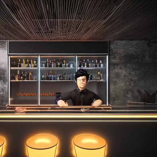 Prompt: an asian man with black hair working behind a futuristic bar, detailed, professional, beautiful, well lit, realistic, hdr, 8k, high resolution, unreal engine 5, photorealistic, scenic, amazing