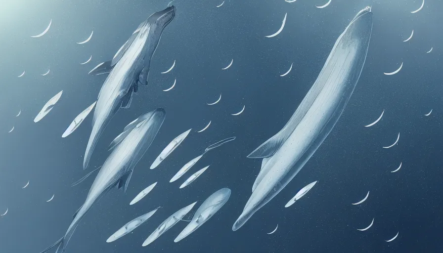 Image similar to Movie scene of group of flying blue whales towards the moon, hyperdetailed, artstation, cgsociety, 8k