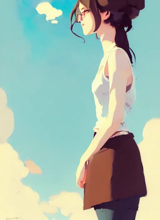 Image similar to portrait of cute girl, cloud sky background, by atey ghailan, by greg rutkowski, by greg tocchini, by james gilleard, by joe gb fenton, by kaethe butcher, dynamic lighting, gradient light blue, brown, blonde cream and white color in scheme, grunge aesthetic