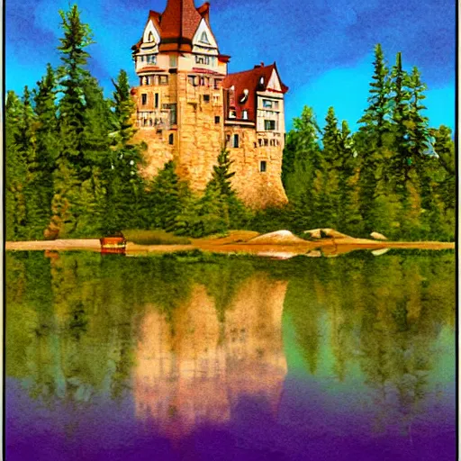 Prompt: castle on an island in an Algonquin park lake fantasy art