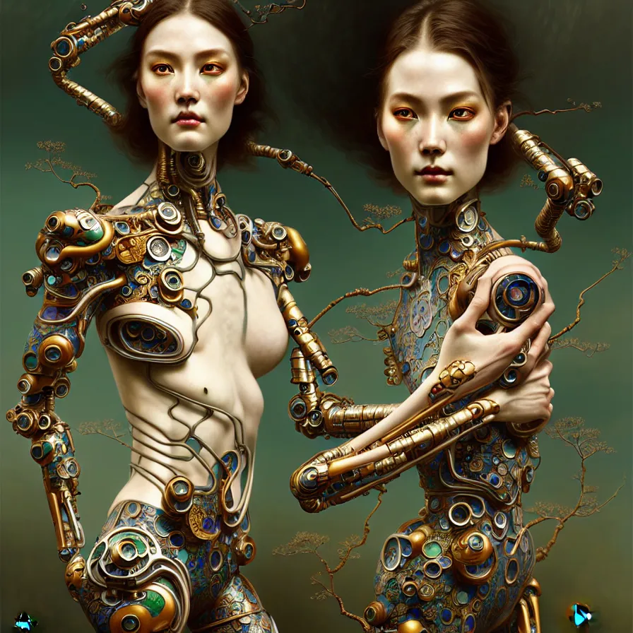 Image similar to organic cyborg, chinese cloisonne porcelain, diffuse lighting, fantasy, intricate, elegant, highly detailed, lifelike, photorealistic, digital painting, artstation, illustration, concept art, smooth, sharp focus, art by john collier and albert aublet and krenz cushart and artem demura and alphonse mucha