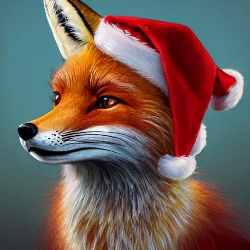 Image similar to perfectly-centered-Portrait-full-shot of a fox, wearing a santa hat, intricate, elegant, super highly detailed, professional digital painting, artstation, concept art, smooth, sharp focus, no blur, no dof, extreme illustration, Unreal Engine 5, 8K, art by artgerm and greg rutkowski and alphonse mucha and loish and WLO