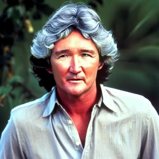 Image similar to patrick duffy as a hippy, he has grown long hippy grey hair, wearing a white shirt