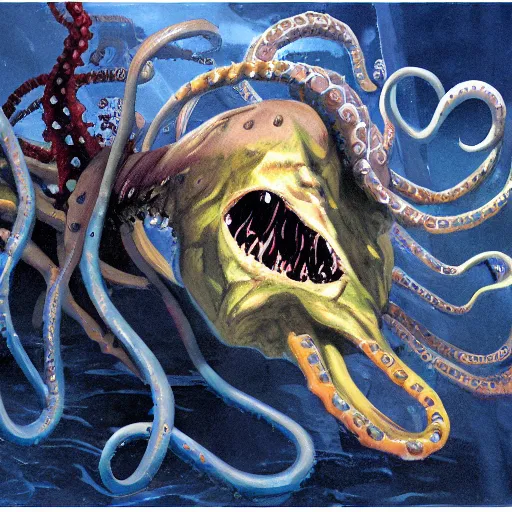 Image similar to Underwater Tentacle Pandomonium;Art by Greg Manchess, Art Direction by Jeremy Jarvis; painting spiraling inward; Deep sea horror; teeth and eyes; illustration