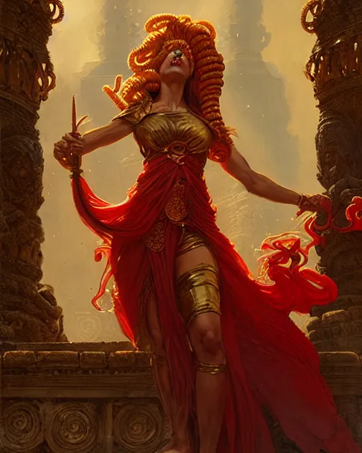 Image similar to fierce medusa in an epic red and golden dress standing in an old temple yard, fantasy character portrait, ultra realistic, concept art, intricate details, highly detailed by greg rutkowski, gaston bussiere, craig mullins, simon bisley