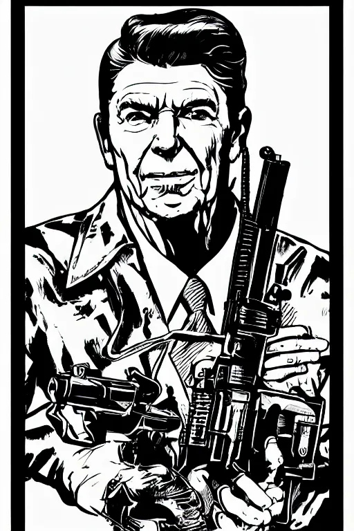 Image similar to ronald reagan holding a gun, a page from cyberpunk 2 0 2 0, style of paolo parente, style of mike jackson, adam smasher, johnny silverhand, 1 9 9 0 s comic book style, white background, ink drawing, black and white, colouring pages