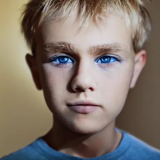 Image similar to portrait of a boy with his right hand on his face, extremely realistic and real, photorealistic, blonde hair and blue eyes, detailed facial structure, real eyes that are detailed,