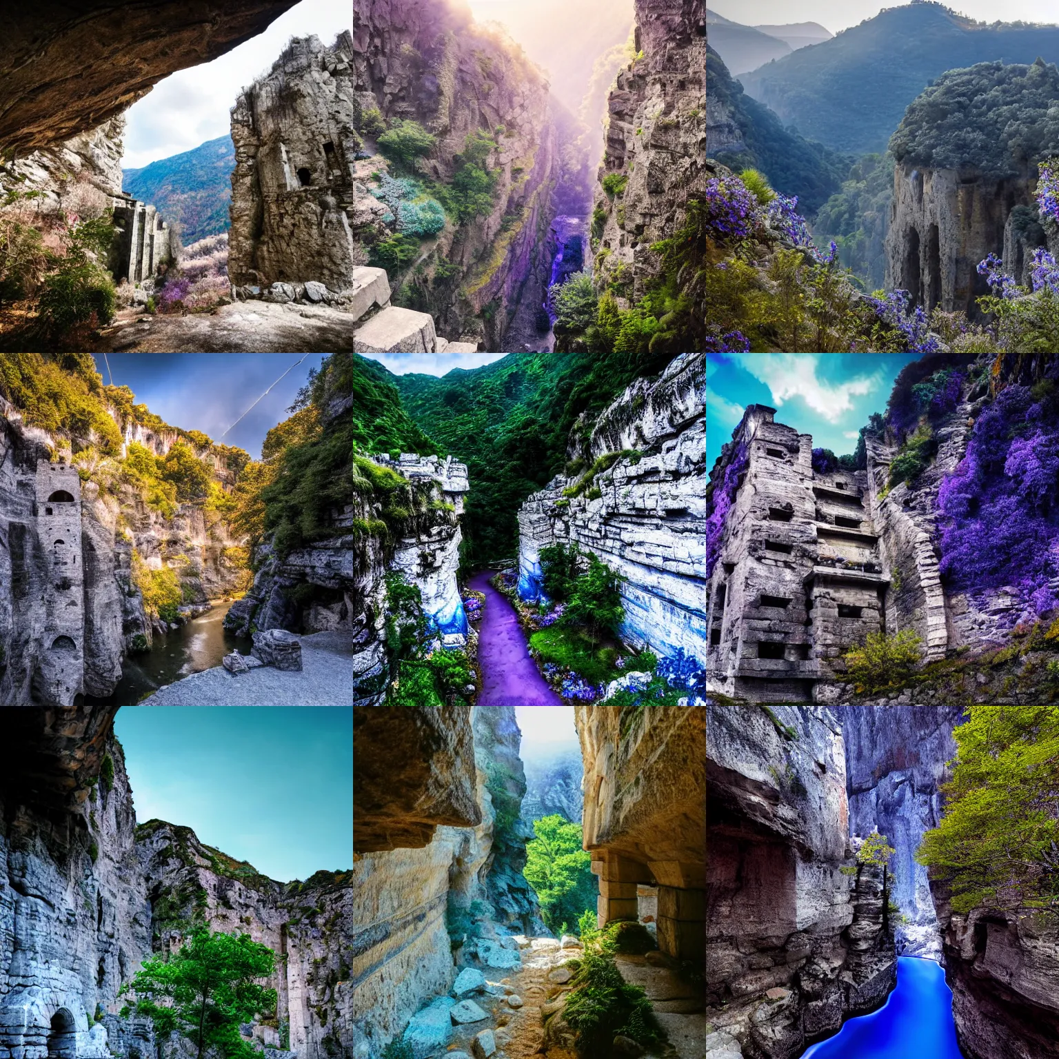 Prompt: Gorge in the mountain, white stone temple ruins, dramatic lighting, blue and purple tones, wide camera angle, delightful surroundings, high detail