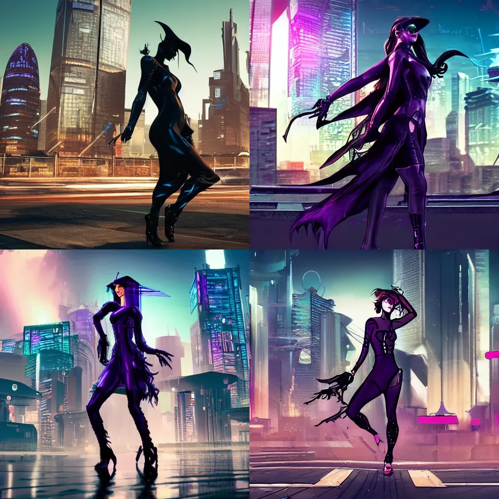 Prompt: thumbnail of a beautiful cyberpunk witch, city in the background, dynamic pose