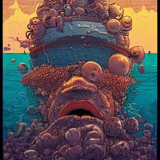 Image similar to sea full of crap been eaten from a big head, by josan gonzales and Dan Mumford