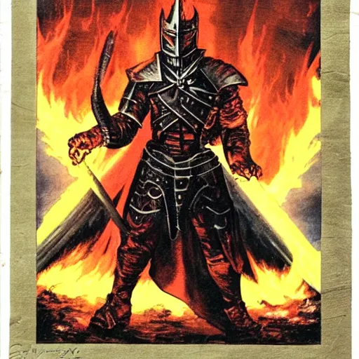 Prompt: photo of a hell knight with a flaming sword