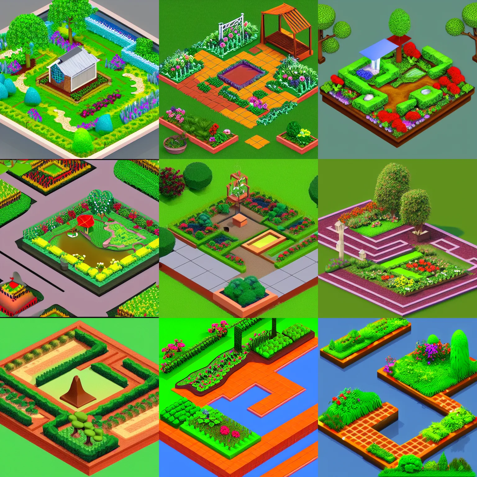 Prompt: isometric garden landscape, 3dfx voodoo