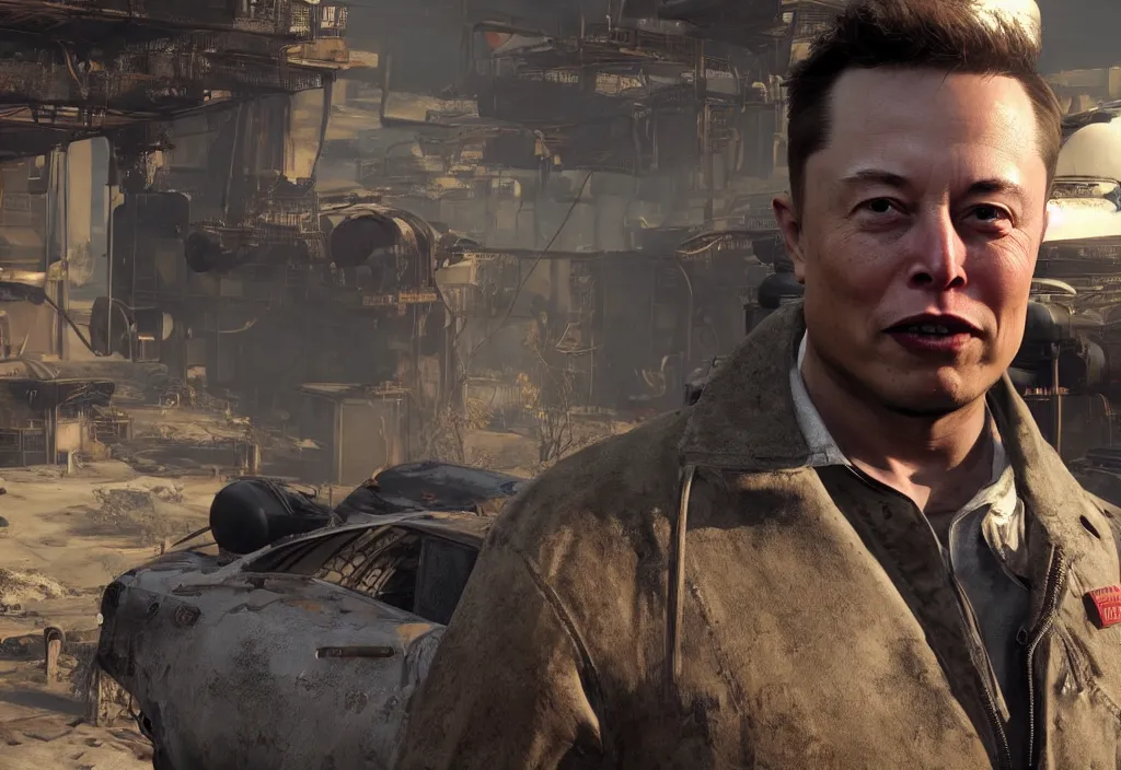 Image similar to elon musk in the video game in fallout 4, apocalyptic wastland, close up, 3 d rendering. unreal engine. amazing likeness. very detailed.