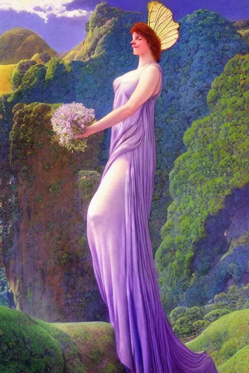 Image similar to a beautiful fairy wearing a silk gown, in a lord of the rings scenery landscape, rainbowshift, by maxfield parrish, artgerm