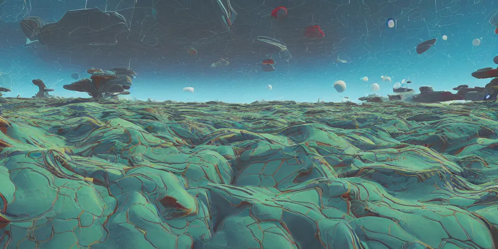 Image similar to abstract 3d landscape painting at noon by james jean and painted in no mans sky style, redshift, octane