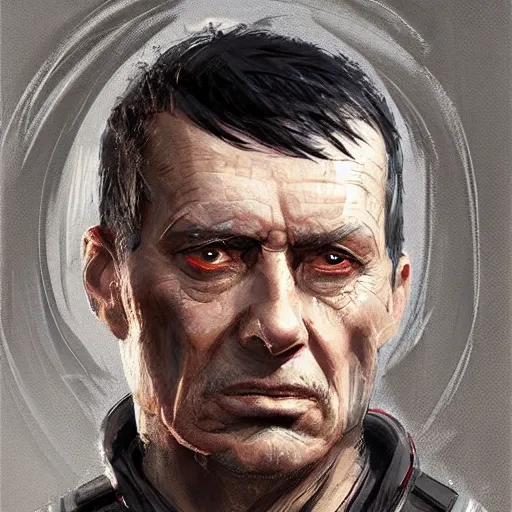 Prompt: Portrait of a man by Greg Rutkowski, he is about 60 years old, short black hair with bangs, his features are a mix between French, Turkish and Russian, expression of contempt, sorrow and resignation, he is wearing a futuristic tactical gear, highly detailed portrait, digital painting, artstation, concept art, smooth, sharp foccus ilustration, Artstation HQ.