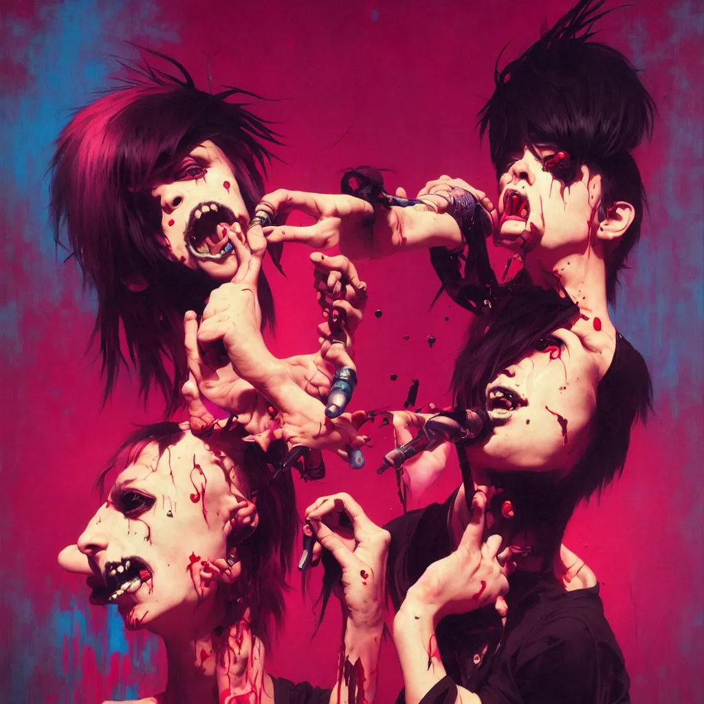 Image similar to weird and disturbing portrait of punk singer singing and puking blood, vivid colors, death, neon, art by ( ( ( kuvshinov ilya ) ) ) and wayne barlowe and francis bacon and artgerm and wlop and william - adolphe bouguereau