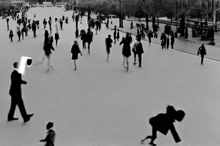 Prompt: CCTV Footage slenderman on the mall, scared people, people running, black and white, year 1990s