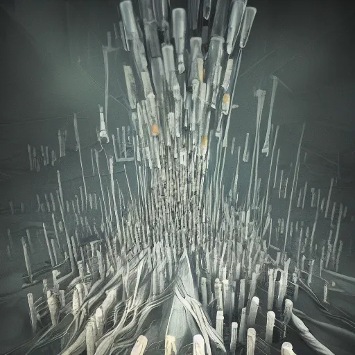 Image similar to gigantic mountain of syringes by junji ito and francis bacon, hunter s thompson feeling of grimdark, sharp focus, fiction, hyper detailed, digital art, trending in artstation, cinematic lighting, studio quality, smooth render, unreal engine 5