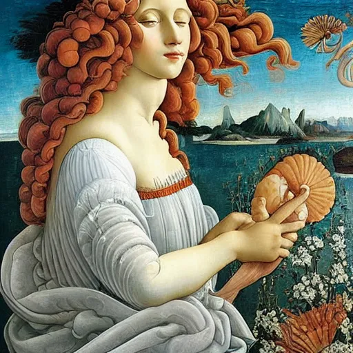 Image similar to an hyperrealistic mythological oil painting of venus with long curly brown hair, full body, wearing floral dress, sleeping in a giant scallop shell, near the seashore, intricate, elegant, renaissance style, by sandro botticelli -