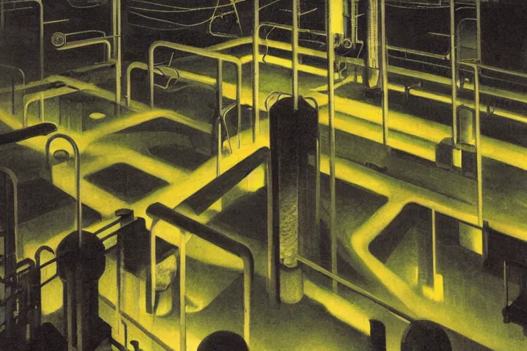 Image similar to isometric view of a factory floor, vats of radioactive slime, catwalks, industrial, glowing with silver light, painting by Franz Marc, by Jean-Léon Gérôme, by Winsor McCay, today's featured photograph, 16K