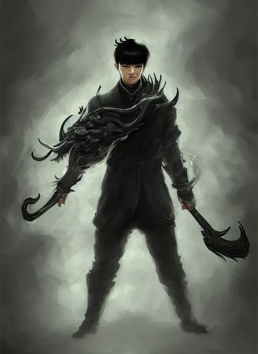 Image similar to a highly detailed illustration of fierce korean man with bowl cut black hair wearing tie with giant black claws, wielding giant black fog claws pose, foggy lovecraftian black mist surrounding background, perfect face, intricate, elegant, highly detailed, centered, digital painting, artstation, concept art, smooth, sharp focus, league of legends concept art, wlop.