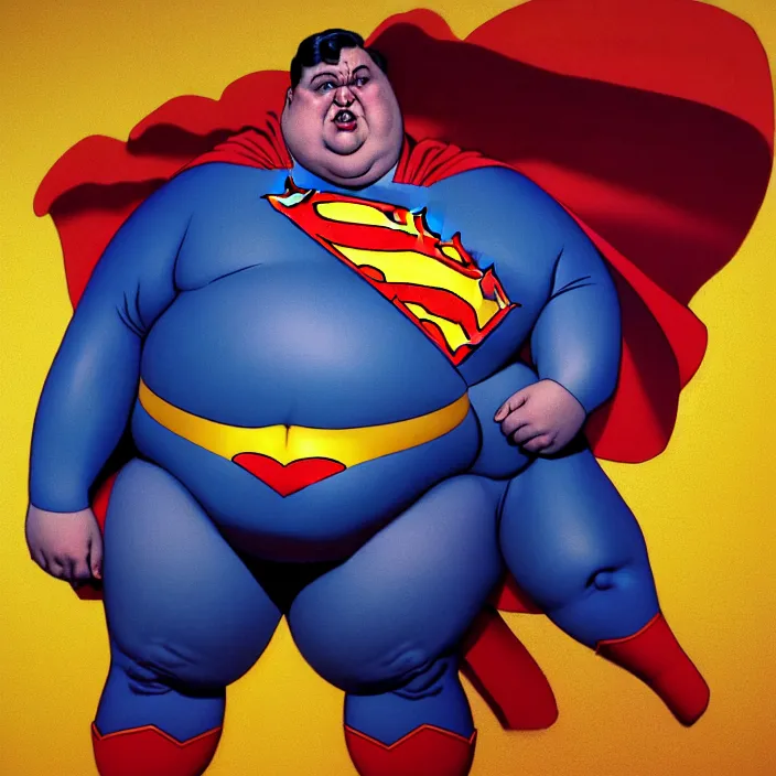 Prompt: hyperrealistic mixed media portrait of a a mordidly obese superman with his belly hanging out, stunning 3d render inspired art by P. Craig Russell and Barry Windsor-Smith + perfect facial symmetry + dim volumetric lighting, 8k octane beautifully detailed render, post-processing, extremely hyperdetailed, epic composition, grim yet sparkling atmosphere, cinematic lighting + masterpiece, trending on artstation