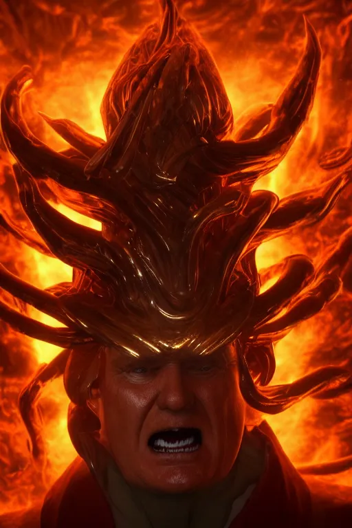 Image similar to an ultra detailed 3 d render of donald trump as an elden ring boss, 8 k resolution, in the style of a fantasy metal album cover, volumetric lighting, smooth, highly detailed, digital illustration, octane render, art by jeong seon and greg rutkowsi, artstation