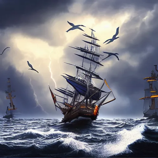 Image similar to pirate ship from one piece sailing, dynamic sky, storm sky, with light piercing through stormy clouds, birds near the ship, rough sea, crepuscular rays, volumetric lighting, pixiv art, cgsociety, highly detailed