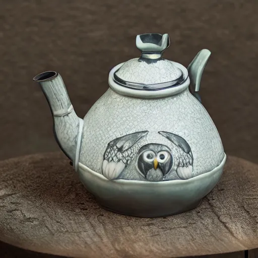 Prompt: still life photograph of an owl kettle with a pale handle, glazed ceramic, tilt shift, very beautiful, global illumination, intricate linework, short spout