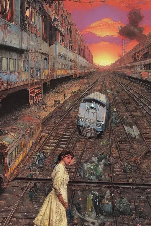 Image similar to trains covered in dripping graffiti paint, by lawrence alma tadema and zdzislaw beksinski and norman rockwell and jack kirby and tom lovell and greg staples and hiroshi yoshid and moebius and loish and artgerm, painterly, symmetrical, ultra detailed, hyper realistic, illustration, sunset lighting