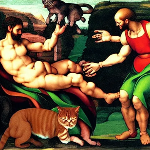 Prompt: michelangelo's the creation of adam with cats instead of humans