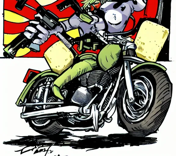 Prompt: solid snake crashing through a wall riding a motorcycle, in the style of jack kirby