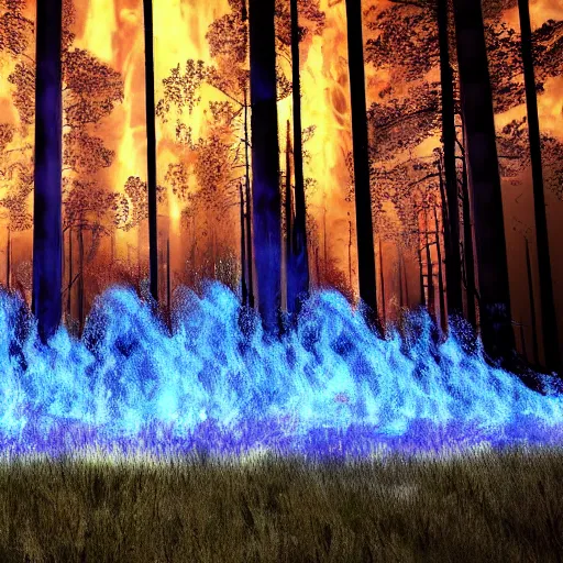 Image similar to a forest burning with blue fire, tragic scene, render