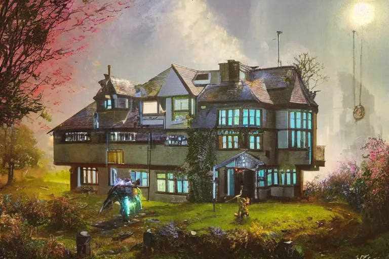 Image similar to cyberpunk, an estate agent listing photo, external view of a 5 bedroom detached countryside house in the UK, by Paul Lehr