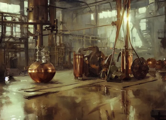 Image similar to oil painting of copper potstill in factory, art by anders zorn, wonderful art by greg rutkowski, beautiful cinematic light, american romanticism by greg manchess, reflections and refraction, sunlight