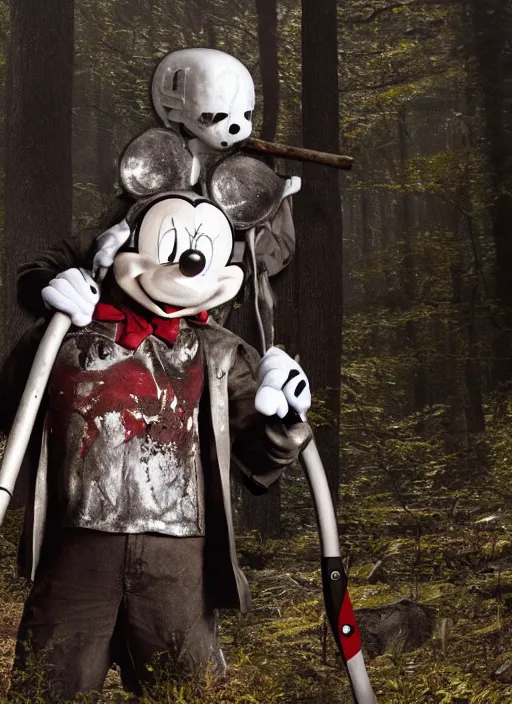 Image similar to Mickey Mouse cast as Jason Voorhees, still from Friday the 13th movie, hyperrealistic, 8k, Octane Render,