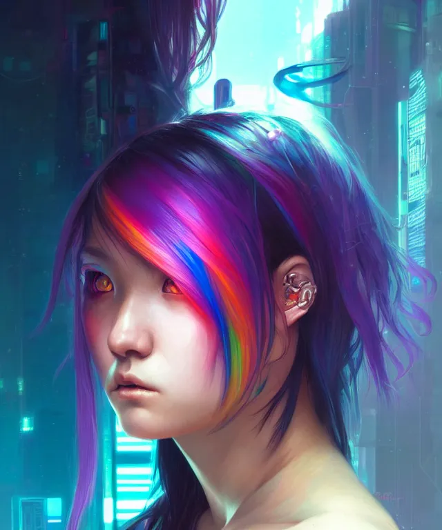 Prompt: Cyberpunk teenage girl, portrait, Asian features, face, rainbow coloured hair intricate, elegant, highly detailed, digital painting, artstation, concept art, smooth, sharp focus, illustration, art by artgerm and greg rutkowski and alphonse mucha