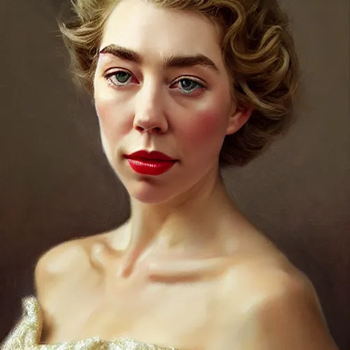 Image similar to vanessa kirby as princess margaret, a beautiful closeup oil painting smooth face, wet lips, perfect eyes, insanely detailed, elegant, by wlop, livia prima, mucha,