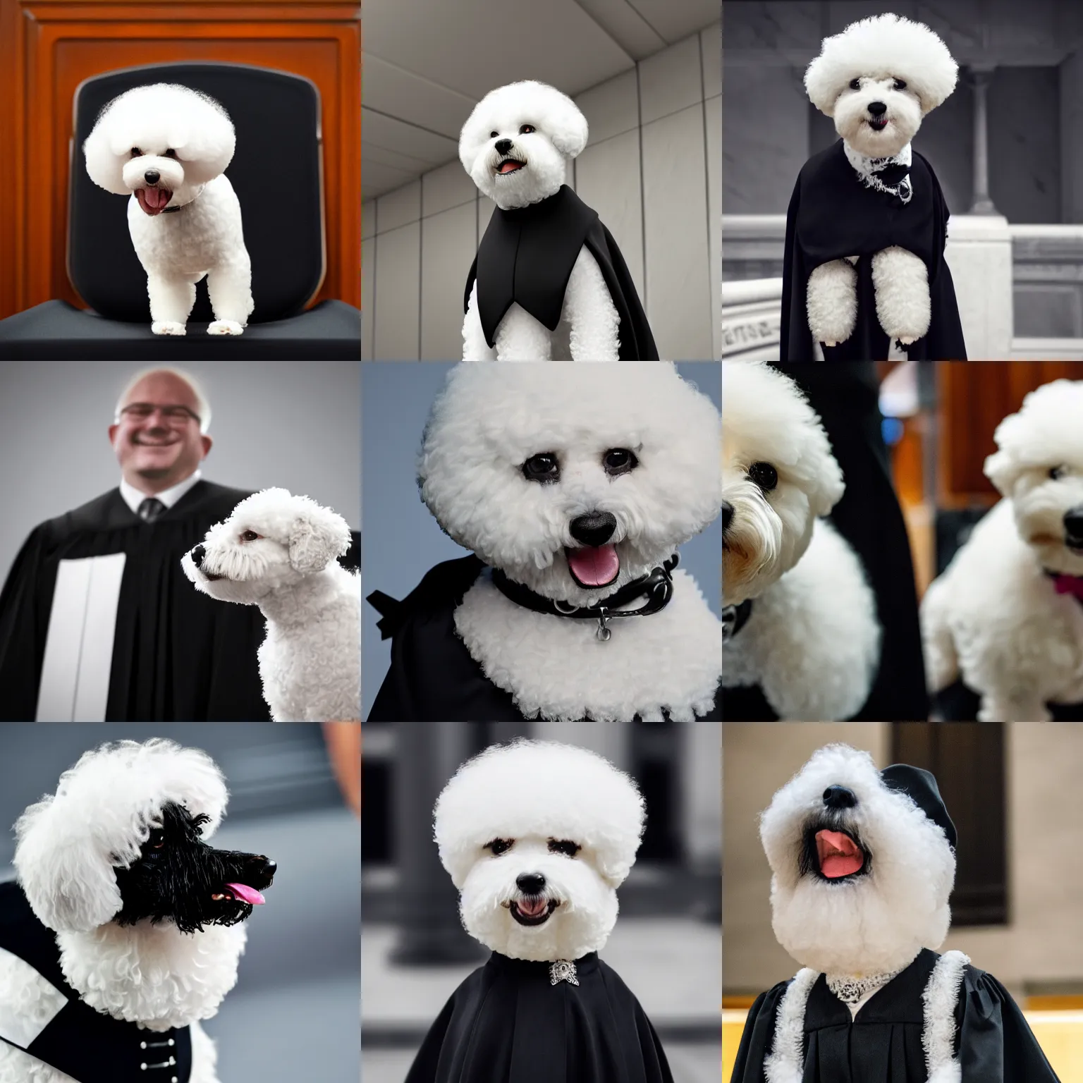 Prompt: a closeup photorealistic photograph of a cute smiling white bichon frise judge wearing a black gown while addressing the courthouse. this 4 k hd image is trending on artstation, featured on behance, well - rendered, extra crisp, features intricate detail, epic composition and the style of unreal engine.