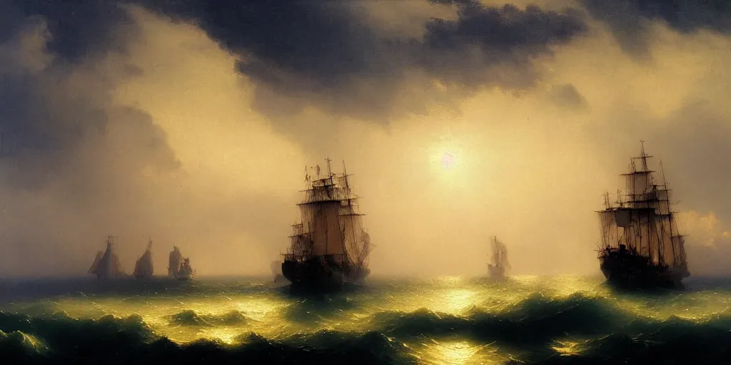 Prompt: A Pirate ship sailing in clouds by Ivan Aivazovsky, star lit sky, 4k