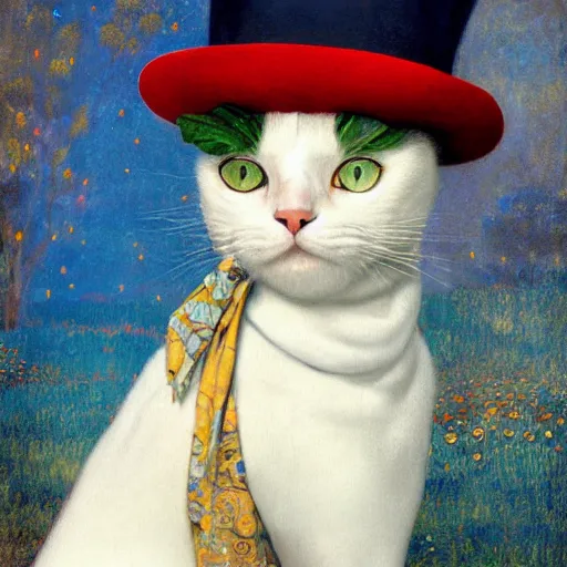 Prompt: a portrait of a male white cat with human blue eyes wearing a scarf and a top hat, titian, sam spratt, maxfield parrish, gustav klimt, tom bagshaw, mark ryden, alphonse mucha, rembrandt, high quality, painting, oil