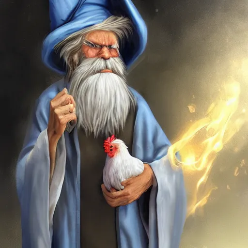 Image similar to a kind old wizard with a long white beard looking a confused, holding a pet chicken perched top of his hat, wearing a blue robe, grey eyes, realistic, detailed, trending on ArtStation, by Tony Sart