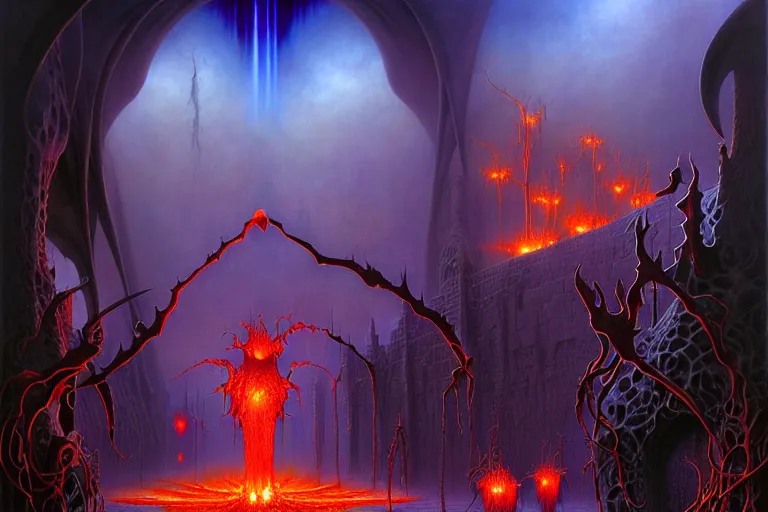 Prompt: darker shades of forgotten misery and despair by michael whelan and roger dean and brom and hubert robert and greg staples and donato giancola, beautiful, mythical, scaled robes, highly detailed, hyperrealistic, intricate, energy, orange electricity, blue flame, low light, purple crystals, high contrast, lifelike
