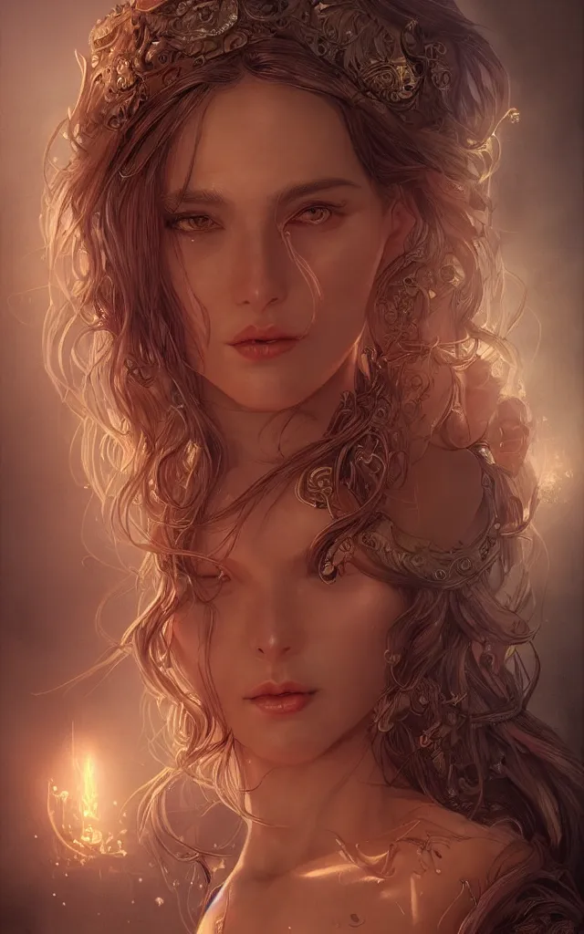 Prompt: Ultra realistic fantasy illustration, portrait of a beautiful magic woman, character design, full body, fantasy, intricate, cinematic lighting, highly detailed, digital painting, artstation, concept art, smooth, sharp focus, illustration, art by WLOP and Milo Manara