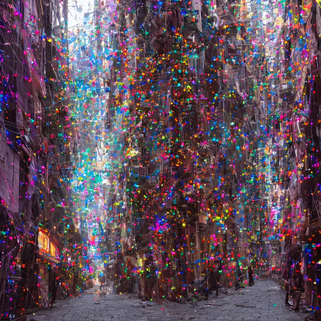 Prompt: a few thin streams of multi-colored glitter flow in a light breeze above the narrow streets of a cyberpunk city
