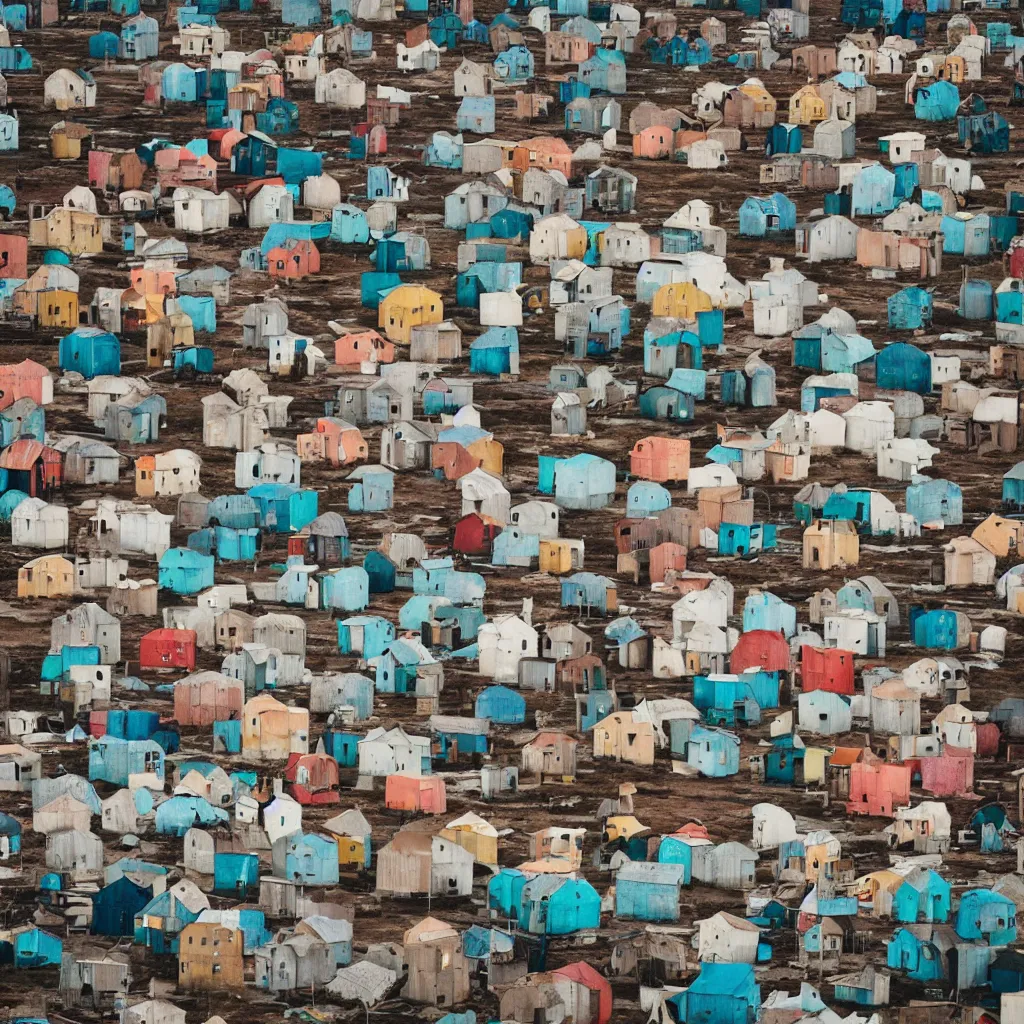 Image similar to towers made up of colourful makeshift squatter shacks, bleached colours, moody cloudy sky, dystopia, mamiya, very detailed, photographed by cristina de middel