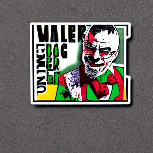 Image similar to die cut sticker, walter white laughing like the joker, splatter paint