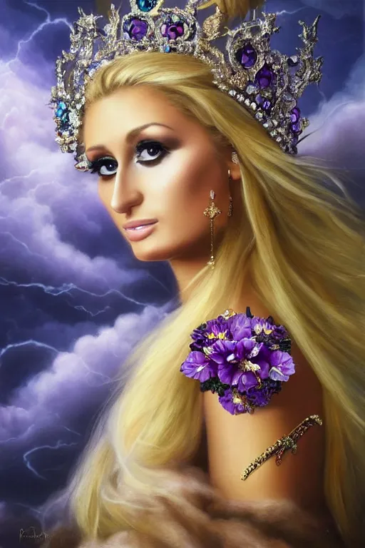 Image similar to closeup portrait fine art photo of the beauty paris hilton, she has a crown of stunning flowers and dress of purple satin and gemstones, background full of stormy clouds, by peter mohrbacher