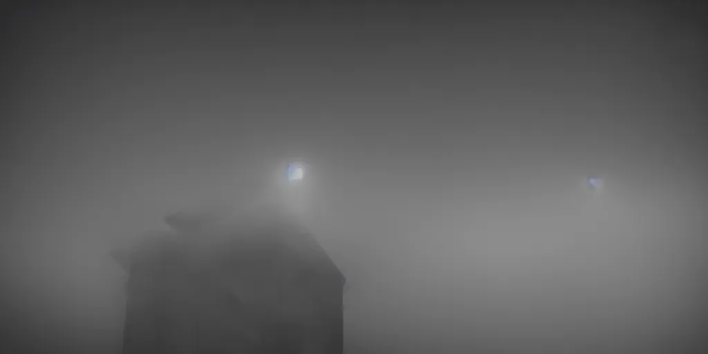 Image similar to buildings rising into the fog, low angle, future retro, night, cinematic, underexposed, 135mm lens